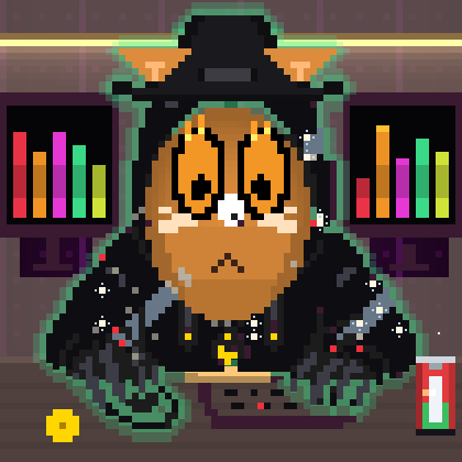 A pixel art image shows a brown cat wearing a black cowboy hat and studded leather jacket, sitting at a desk with two colorful bar charts in the background, a yellow coin on the left, and a red energy drink on the right. The image ties to the post's celebration of the Rekt Guy NFT drop, featuring the cat character with a defiant "never fade anything REKT" spirit, while the chart bars and energy drink hint at the trading hustle behind the accomplishment.