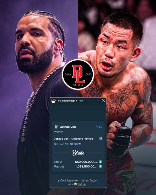 The image shows a split graphic featuring Drake (left) and UFC fighter Joshua Von (right), with an overlaid Instagram story screenshot from "champagnepapi" displaying a winning $650,000 Stake bet on "Joshua Von - Alexandre Pantoja," paid out $1,098,500. The caption at the bottom reads "I don't know bro... but he better win 😂 @stake," visually confirming that Drake's UFC wager paid off and his so-called "curse" was broken.
