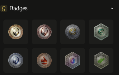 A "Badges" interface displays eight hexagonal achievement badges in various designs, including bronze, silver, and a hexagonal green gem, relating to Titan Pro's new badge feature for $1000 limit order or stop loss trading on the Titan DEX platform.