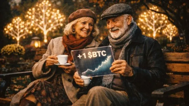 An older couple sits on a bench smiling, with the man holding a sign reading '+1 $BTC' next to a rising chart, set against a backdrop of illuminated trees.