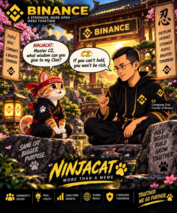 A stylized Binance poster displays an illustrated 'NINJACAT' mascot talking to CZ (Changpeng Zhao), Founder of Binance, with text including 'A STRONGER, MORE OPEN WEB TOGETHER'.