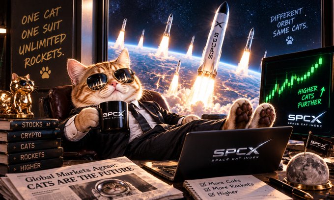 An orange cat wearing sunglasses and a suit lounges confidently at a desk adorned with rocket launches, "SPCX Space Cat Index" branding, stock charts, and a newspaper declaring "CATS ARE THE FUTURE," with signs reading "One Cat One Suit Unlimited Rockets" and "Different Orbit. Same Cats." The image humorously visualizes the post's satirical pitch of $SPCX as a ridiculous yet amusing investment index blending cats, rockets, and financial success.