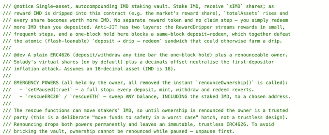 The image shows Solidity code with developer comments for a "single-asset, autocompounding IMD staking vault," featuring ERC4626 deposit/withdraw mechanics and emergency rescue functions ("rescueERC20"/"rescueETH"). The comment block notes the contract is an ERC4626 implementation where every share represents more staked IMD, with anti-JIT and flash-loan protections — directly corresponding to the post's mention of the $IMD token by describing its underlying staking infrastructure.