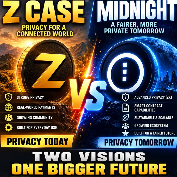 The image is a promotional graphic comparing two privacy-focused blockchain projects. It shows "Z CASE - PRIVACY FOR A CONNECTED WORLD" on the left (with a golden Z coin) and "MIDNIGHT - A FAIRER, MORE PRIVATE TOMORROW" on the right (with a blue coin), with feature lists below (Z Case: Strong Privacy, Real-World Payments, Growing Community, Built for Everyday Use; Midnight: Advanced Privacy zk, Smart Contract Capabilities, Sustainable & Scalable, Growing Ecosystem, Built for a Fairer Future), and the tagline "TWO VISIONS ONE BIGGER FUTURE."

The graphic frames Zcash/Z Case as "Privacy Today" while positioning Midnight as "Privacy Tomorrow," aligning with the post's argument that Midnight's broader scope (smart contracts, identity, tokenized assets) represents an evolution beyond Zcash's foundational role in establishing private money.