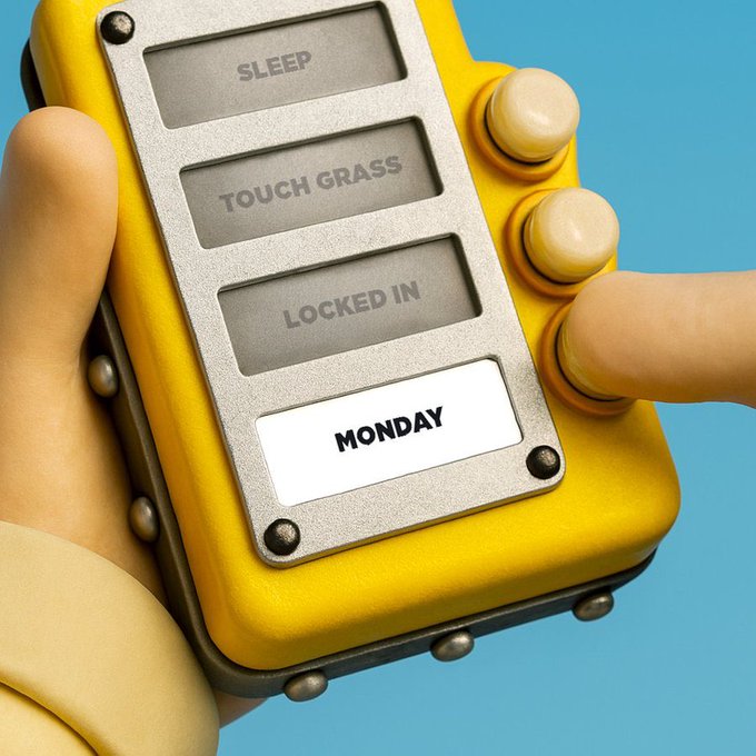 A 3D-rendered hand presses a button on a yellow device labeled with options 'SLEEP', 'TOUCH GRASS', and 'LOCKED IN', with the 'MONDAY' button currently highlighted.
