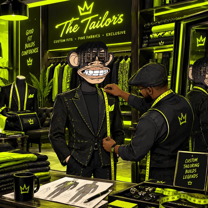A neon-lit tailor shop called 'The Tailor's' with green signage reading 'CUSTOM FITS • FINE FABRICS • EXCLUSIVE' and 'GOOD FIT BUILDS CONFIDENCE,' where a tailor measures a cartoon monkey character wearing a black suit.