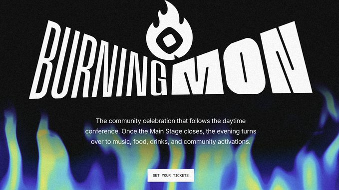 A promotional graphic with stylized text reading 'BURNING MOUN' over flame imagery, describing it as a community celebration following the daytime conference with music, food, drinks, and a 'GET YOUR TICKETS' button.