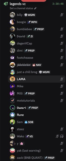 A Discord voice channel "legends vc" containing 20 members with crypto ticker tags including WGMI, MPH, PRSP, ZI, NAV, SOB, VS, and PRSP, suggesting a group of crypto-focused traders gathered in a voice chat, tying into the "Robinhood summer" sentiment of seeking market gains in the ProsperityDAO community.