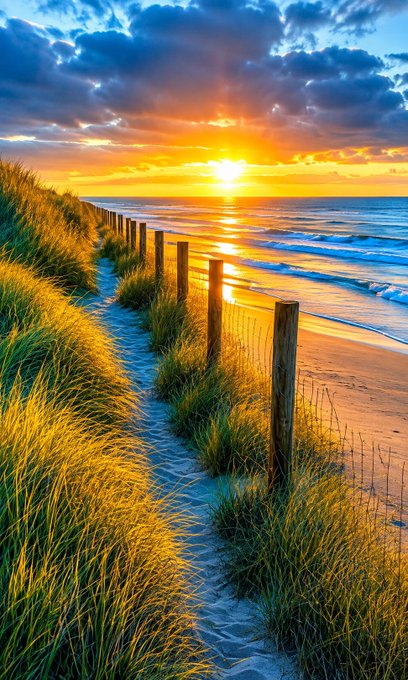 A scenic coastal sunset view with golden light reflecting on the ocean, a sandy path winding through dune grass alongside a wooden post and wire fence.