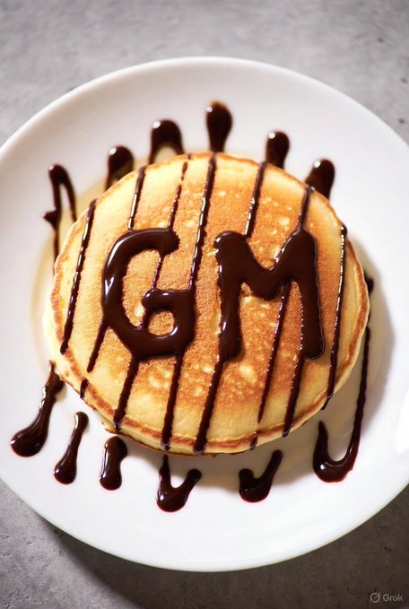 A stack of pancakes on a white plate is decorated with chocolate syrup drizzles and the letters "GM" spelled out in the center.