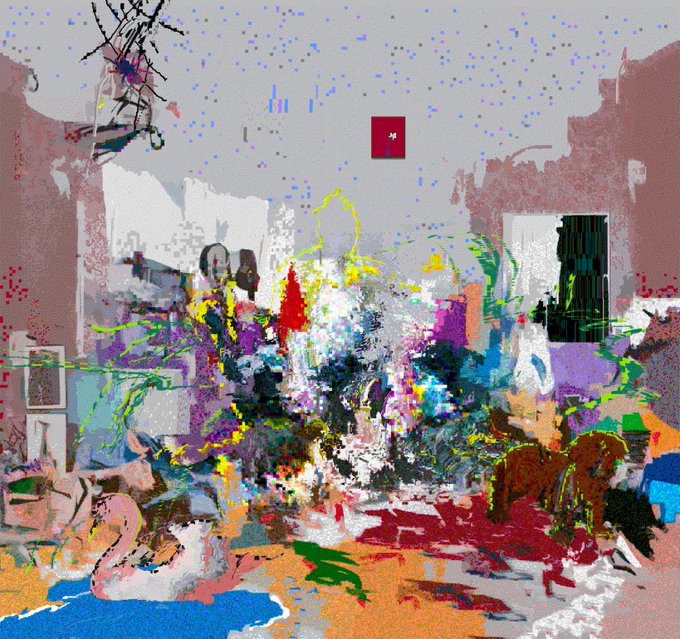 An abstract, glitch-art style digital painting of a chaotic scene with a small figure lying in the foreground, characterized by pixelated color splashes, brushstrokes, and scattered geometric fragments.