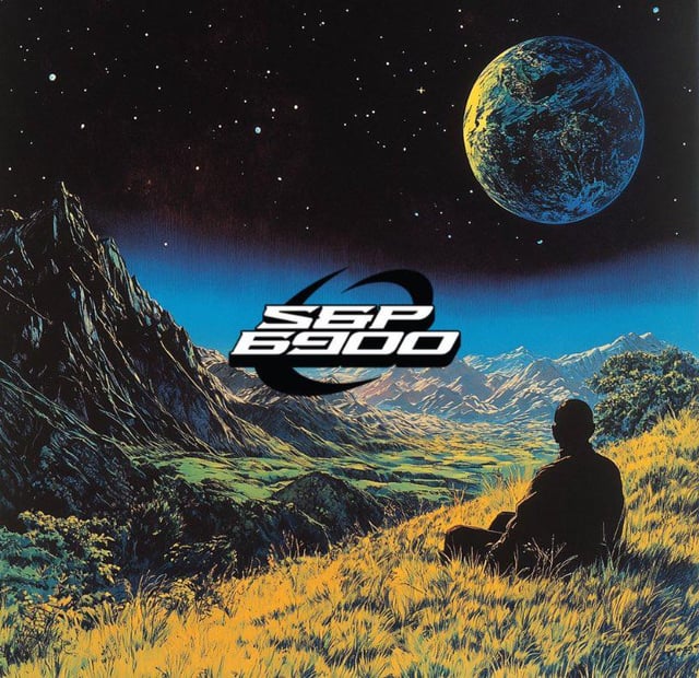 A lone figure sits peacefully on a grassy hillside beneath a starry sky and a large planet, gazing out over a vast mountain valley. The bold "SPX 6900" logo is centered in the scene, visually reinforcing the post's message of SPX6900 as a serene, reliable haven amid the chaos of the crypto space.