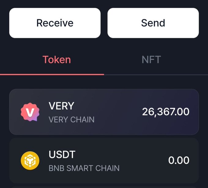 A wallet screenshot showing a "Receive" tab with 26,367.00 VERY tokens on Very Chain, illustrating the successful receipt of migrated VeryChat coins. The post confirms the $VERY migration is underway and advises users to be patient if they haven't received their tokens yet.
