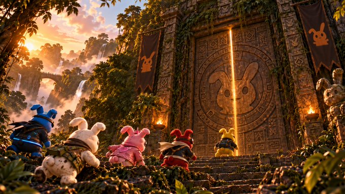 A fantasy scene showing several colorful plush bunny characters in medieval-style outfits standing before an ornate stone temple door with a glowing rabbit symbol, set in a jungle landscape at sunset.