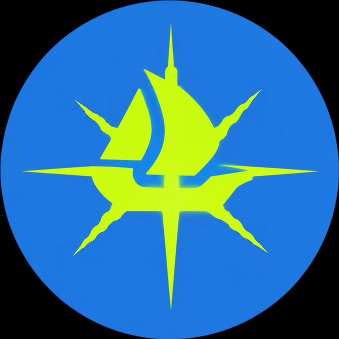 A circular blue emblem featuring a yellow, stylized star-like or compass design with multiple pointed rays extending outward.