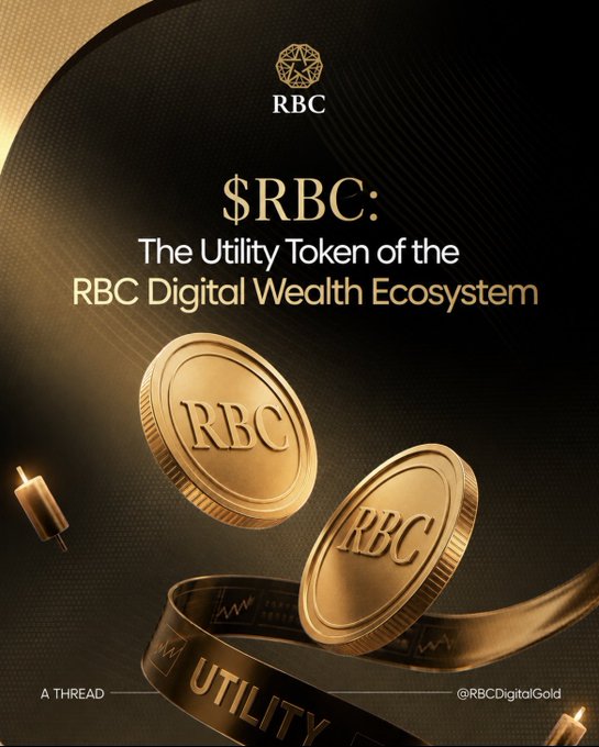 A promotional graphic for '$RBC: The Utility Token of the RBC Digital Wealth Ecosystem', featuring two gold coins embossed with 'RBC' and a ribbon reading 'UTILITY'.
