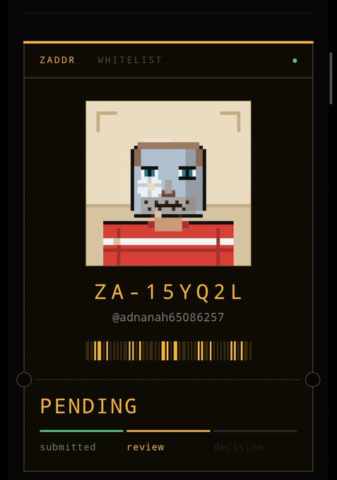 A digital whitelist status screen from ZADDR shows a Minecraft-style character avatar with ID 'ZA-15YQ2L' for user @adnanah65086257, displaying a 'PENDING' status with a progress bar at the 'review' stage.