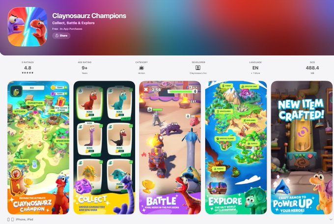 App Store listing for 'Claynosaurz Champions' (Collect, Battle & Explore) by Claynosaurz Inc., rated 4.8 with 488.4K size, featuring colorful dinosaur characters in battle and exploration gameplay.