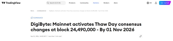A TradingView news article headline reading 'DigiByte: Mainnet activates Thaw Day consensus changes at block 24,490,000 - By 01 Nov 2026'.