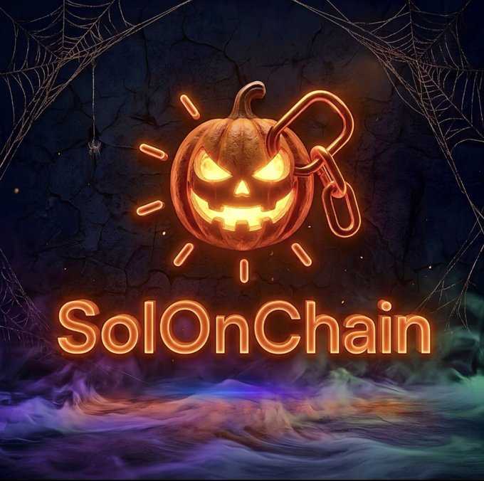A Halloween-themed logo for 'SolOnChain' featuring a glowing orange jack-o'-lantern with a Solana chain link, set against spiderwebs and colorful mist.