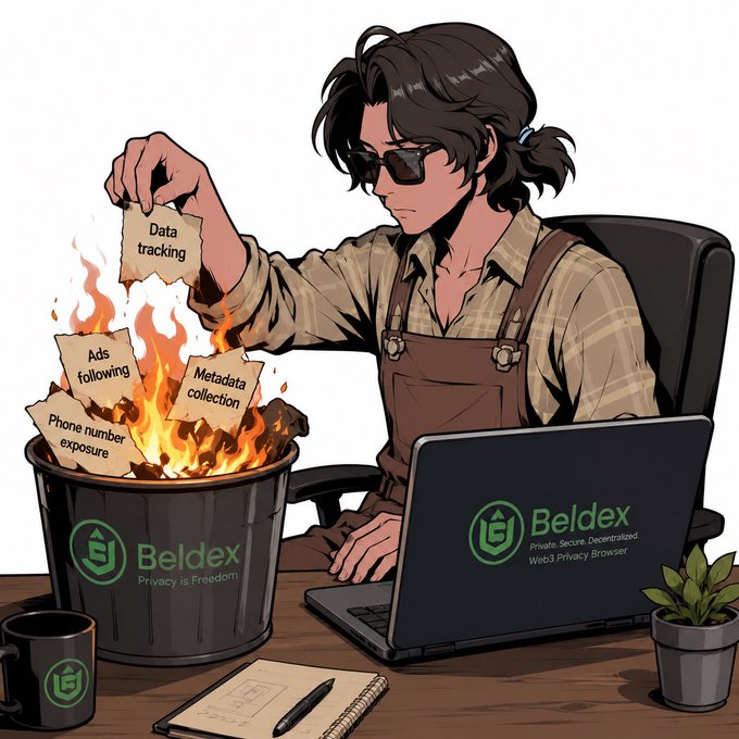 An anime-style illustration shows a person in an apron and sunglasses sitting at a desk with a laptop labeled 'Beldex - Private. Secure. Decentralized. Web3 Privacy Browser,' throwing documents labeled 'Data tracking,' 'Ads following,' 'Metadata collection,' and 'Phone number exposure' into a burning trash can marked 'Beldex - Privacy is Freedom.'