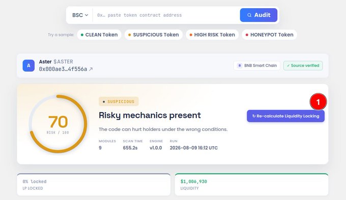 A ChainAware Token Audit screenshot showing the $ASTER token (contract 0x000ae3...4f556a) on BNB Smart Chain flagged as "SUSPICIOUS" with a risk score of 70/100 due to "Risky mechanics present," featuring the new "Re-calculate Liquidity Locking" button highlighted with a red notification badge, which corresponds to the post's announcement of the new ability to re-check liquidity locks directly from audit results.