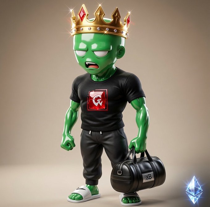 A green-skinned cartoon character wearing a golden crown and a black "G" tee carrys a duffel bag labeled "XB" beside a glowing Ethereum diamond, tying into the NFT giveaway tied to the post.