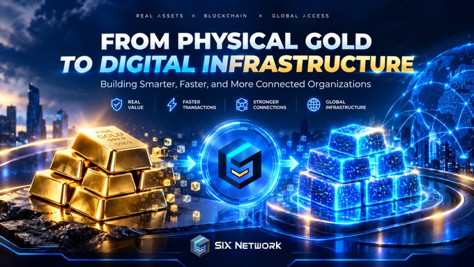 A promotional graphic for SIX Network featuring the headline "FROM PHYSICAL GOLD TO DIGITAL INFRASTRUCTURE" with the tagline "Building Smarter, Faster, and More Connected Organizations," alongside key benefits like "Real Value," "Faster Transactions," "Stronger Connections," and "Global Infrastructure." The image visually bridges traditional gold bars on the left with a futuristic digital blockchain structure on the right, symbolizing the transition from tangible assets (like the LBB Gold Certificate) to tokenized digital infrastructure that the accompanying post discusses as a foundational step before full tokenization.