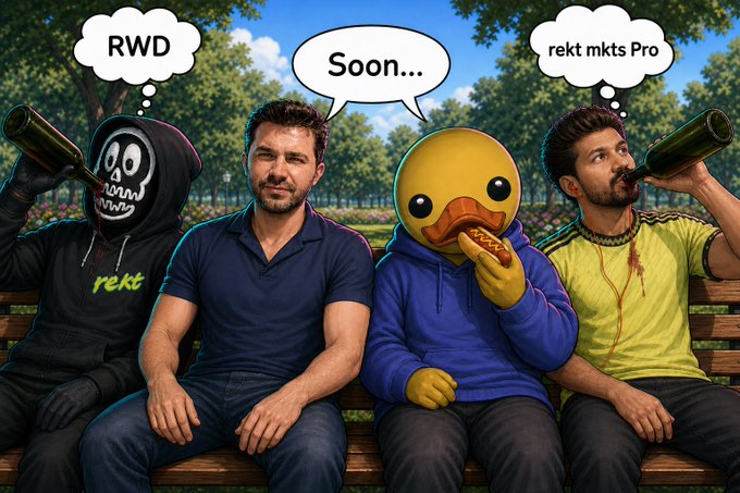 Meme image of four figures sitting on a park bench with speech bubbles reading 'RWD', 'Soon...', and 'rekt mkts Pro', featuring a grim reaper, two men, and a duck-headed character eating pizza.