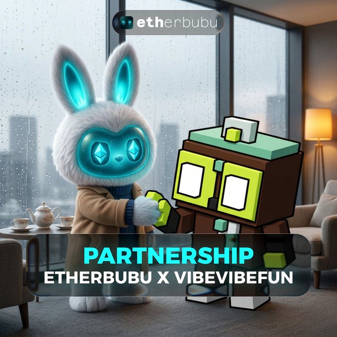 A fluffy white rabbit mascot with glowing cyan eyes and the "etherbubu" logo stands next to a blocky green-and-brown robot character in a cozy rainy-day living room setting, with a banner below announcing "PARTNERSHIP ETHERBUBU X VIBEVIBEFUN." The image visually represents the new collaboration between Etherbubu and the launchpad Vibevibefun mentioned in the post.