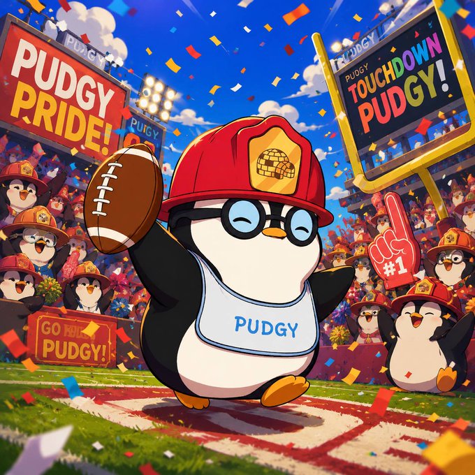 A cartoon penguin mascot wearing a red firefighter helmet and 'PUDGY' bib holds a football on a field, surrounded by cheering penguins and signs reading 'PUDGY PRIDE!', 'TOUCHDOWN PUDGY!', and '#1'.