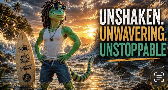 A promotional graphic featuring a cartoon lizard with dreadlocks and sunglasses holding a surfboard with 'HODL' written on it, alongside the motivational text 'UNSHAKEN. UNWAVERING. UNSTOPPABLE'.
