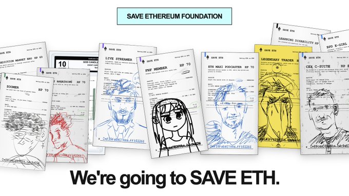 A satirical graphic titled 'SAVE ETHEREUM FOUNDATION' with the slogan 'We're going to SAVE ETH.', featuring several character portraits labeled as different Ethereum ecosystem personalities.