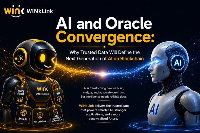 A promotional graphic for WinkLink titled 'AI and Oracle Convergence: Why Trusted Data Will Define the Next Generation of AI on Blockchain', featuring a robot and android facing each other with data streams between them, and icons for Price Feeds, VRF, AnyAPI, Automation, and Smart Contract Automation.