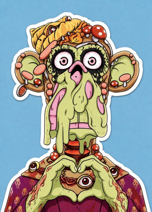 A grotesque, psychedelic illustration of a green, octopus-like creature with large bulging eyes, mushrooms growing from its head, and extra eyes embedded in its hands, shown in a sticker-style against a blue background. The bizarre, horror-fantasy artwork visually echoes the chaotic, hyped energy of the post teasing "epic" pixel art and "banger" rewards from @HaloNodes.