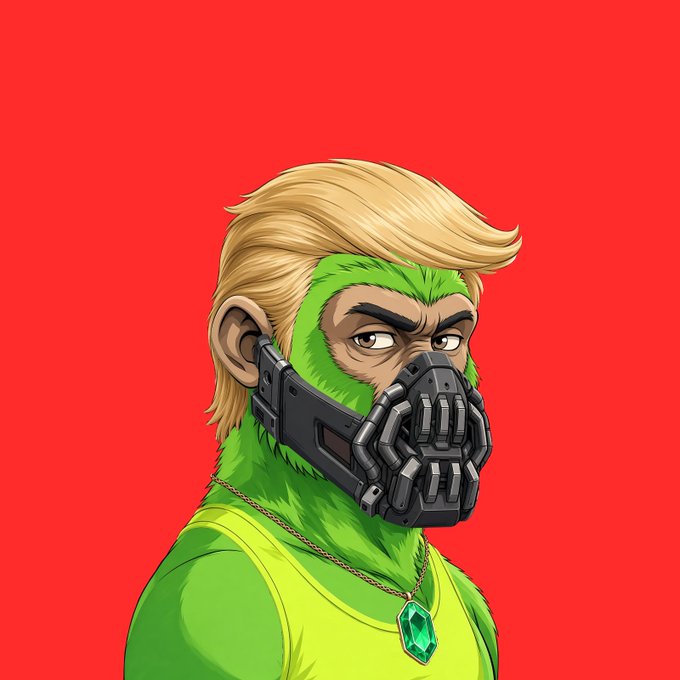 An illustrated character with blonde hair, a green furry face, wearing a mechanical mask and a green tank top with a gem necklace against a red backdrop.