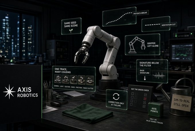 A dark scene showing a robotic arm in a lab setting with floating holographic labels including "GAME SEED SAME SCENE," "PHYSICS BREAK," "HESITATION CUT," "GRIPPER LEFT ALONE," and "SIM-TO-REAL STILL OPEN," alongside the AXIS ROBOTICS logo.