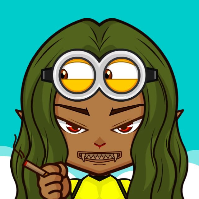 A cartoon avatar of a character with green hair, fangs, and goggles perched on their head, holding a cigarette with an angry expression.
