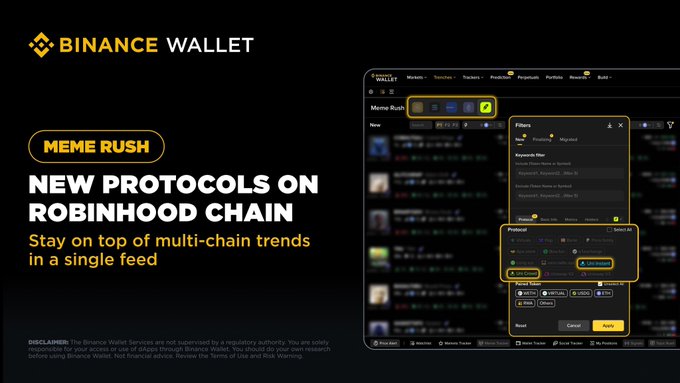 A promotional graphic for Binance Wallet's "MEME RUSH" feature highlighting new protocols on Robinhood Chain, showing a multi-chain token feed interface with filtering options for chains, protocols, and filters like Launchpad and Keywords, alongside the headline "Stay on top of multi-chain trends in a single feed." The image illustrates how tokens from TradePools now appear within the Binance Wallet's unified crypto tracking interface.
