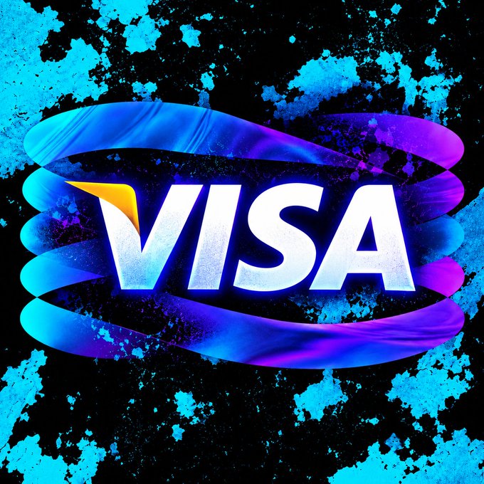 A stylized "VISA" logo in white text with the signature yellow swoosh is set against a vibrant background of swirling blue and purple ribbons over a dark, grunge-textured backdrop. The image serves as a visual header accompanying news that Visa is closing a credit card rewards loophole tied to Crossmint-powered memecoin purchases, as reported by The Block.