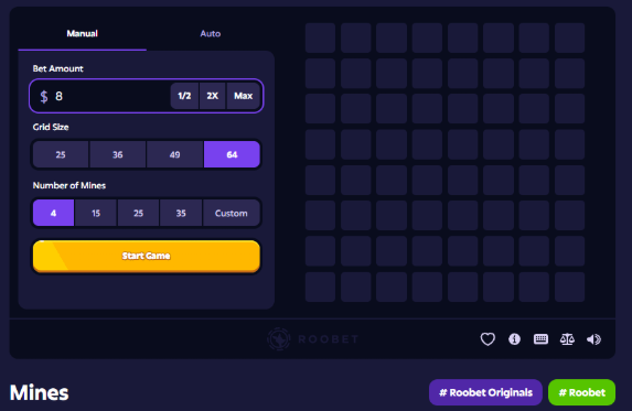 A screenshot of the Roobet "Mines" game interface shows the betting controls set to a $8 bet with a 5x5 grid size and 4 mines selected, ready to start. The image illustrates the game referenced in the post, where the user and their friend have moved from arguing over Plinko ball directions to navigating Mines together.