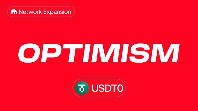 The image is a bright red promotional graphic with the word “OPTIMISM” in large white italic text. It also shows a “Network Expansion” label in the top left and a USDT0 ticker badge with the Tether logo near the bottom, highlighting the addition of Optimism support for USDT0 deposits and withdrawals on Kraken.