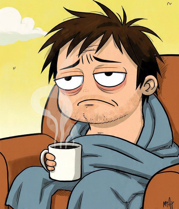 A cartoon illustration of a tired-looking man with messy brown hair and stubble, wrapped in a blue blanket, holding a steaming white mug of coffee against a yellow sky background.