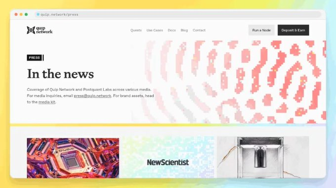 A screenshot of the Quip Network 'In the news' press page (quip.network/press) featuring a NewScientist article thumbnail.