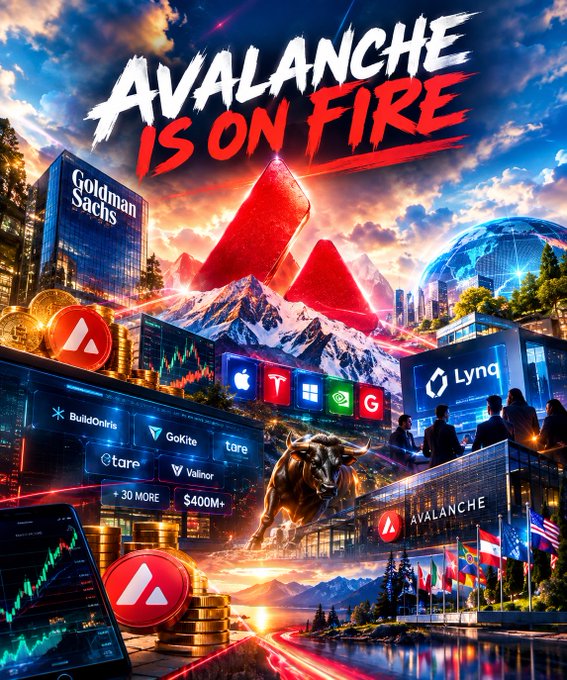A promotional graphic titled 'AVALANCHE IS ON FIRE' featuring mountains, a bull, logos for companies like Goldman Sachs, Apple, and Tesla, and a red down arrow against a dramatic sky.