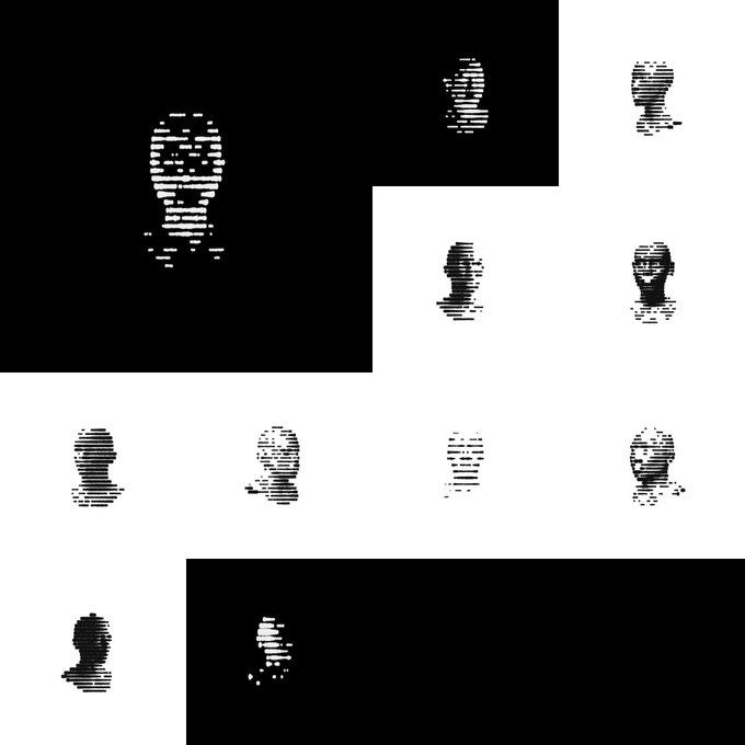 A stylized black-and-white graphic featuring multiple distorted, horizontally-striped silhouette portraits of faces arranged in a checkerboard pattern across the frame.