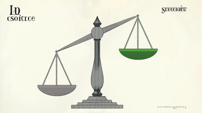 A stylized illustration of a balance scale with a green weighted pan, featuring decorative mirror-image text reading 'In Justice' and 'Seoules' on a cream background.