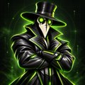 A digital illustration of a mysterious figure in a black coat and top hat with glowing green eyes and green energy, set against a dark background.