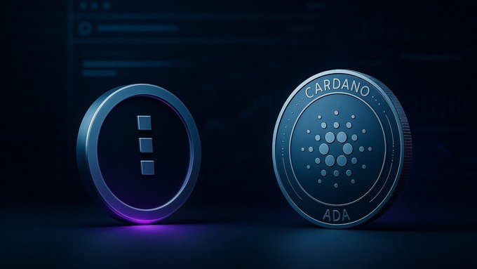The image features two coins, one blue and one silver, placed side by side against a dark background. The coin on the left has a white "I" symbol, while the coin on the right displays the word "ADA". The text accompanying the image reads "SPOs just talking Cardano & Midnight. Come join us Friday at 8 PM AEST. Let'