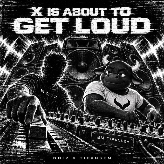 A black and white concert poster reading 'X IS ABOUT TO GET LOUD' featuring a DJ silhouette and a bull mascot working mixing decks, labeled 'NOIZ X TIPANSEM'.